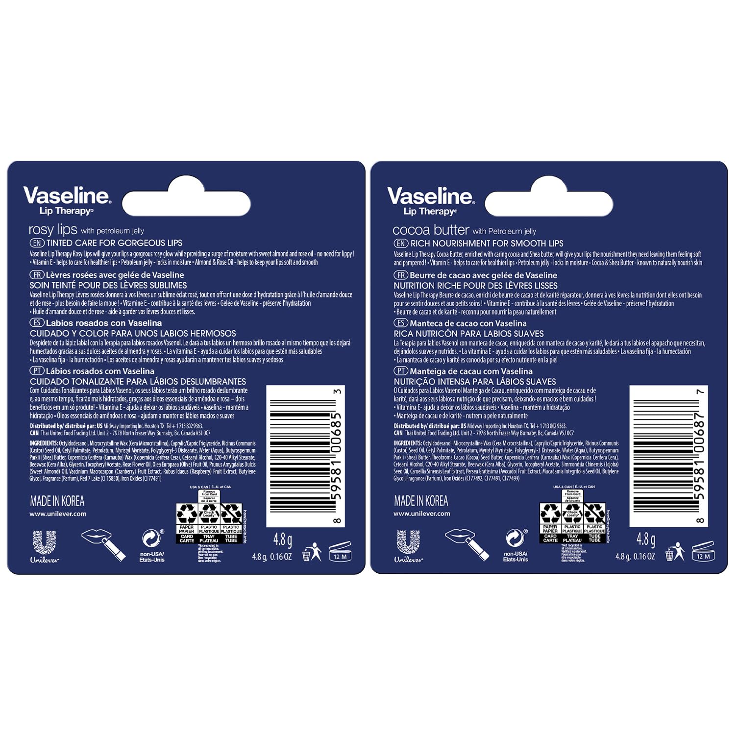 Vaseline Lip Therapy Variety 4-Pack – Rosy Lips + Cocoa Butter Moisturizing Lip Balm with Vitamin E, 0.16 Oz Ea